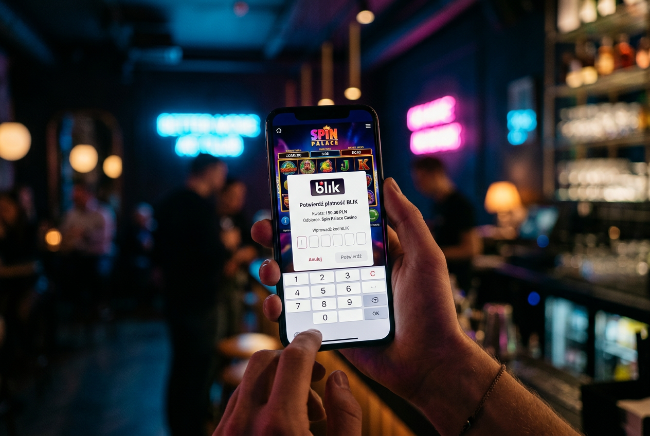 Smartphone displaying a BLIK payment confirmation in an online casino app.