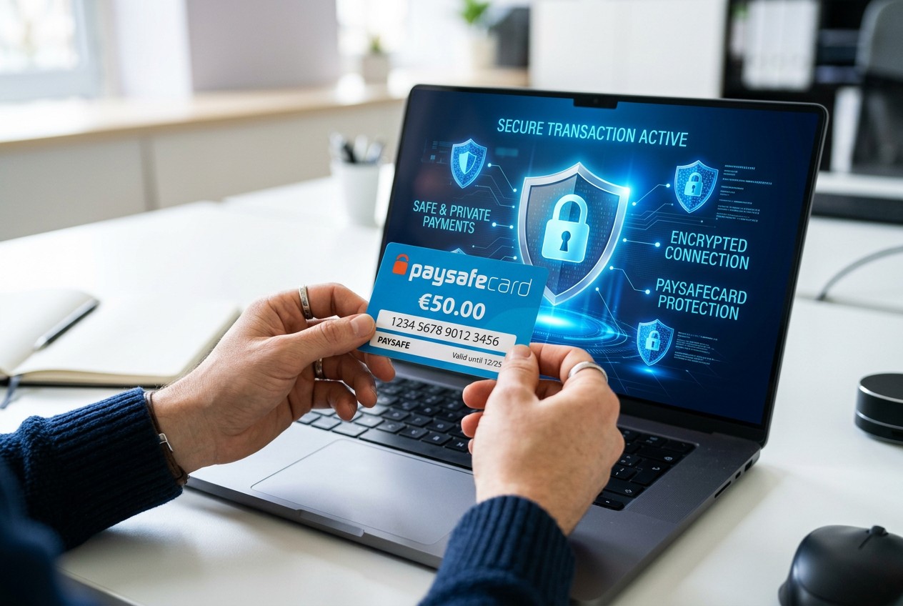 A close-up of a hand holding a prepaid card in front of a laptop showing security icons.