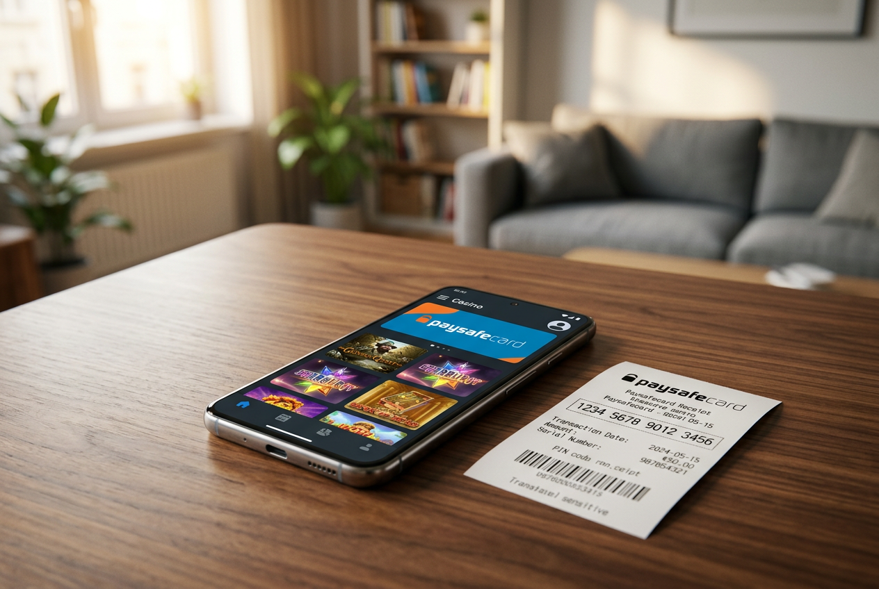 Modern smartphone displaying a casino app and a Paysafecard voucher on a wooden desk.