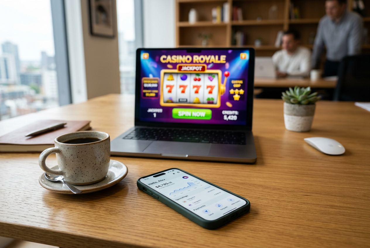 Professional workspace with Revolut app and casino elements.